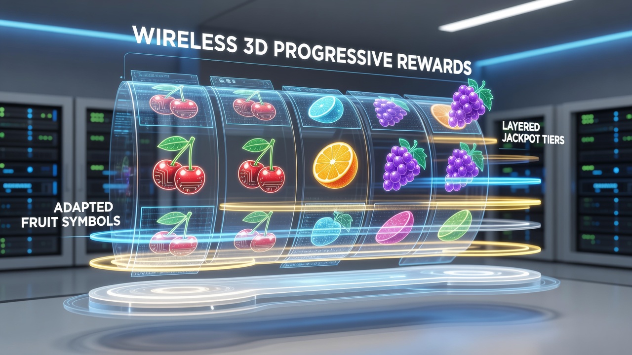 3D wireless slot interface showing layered progressive rewards with fruit symbols