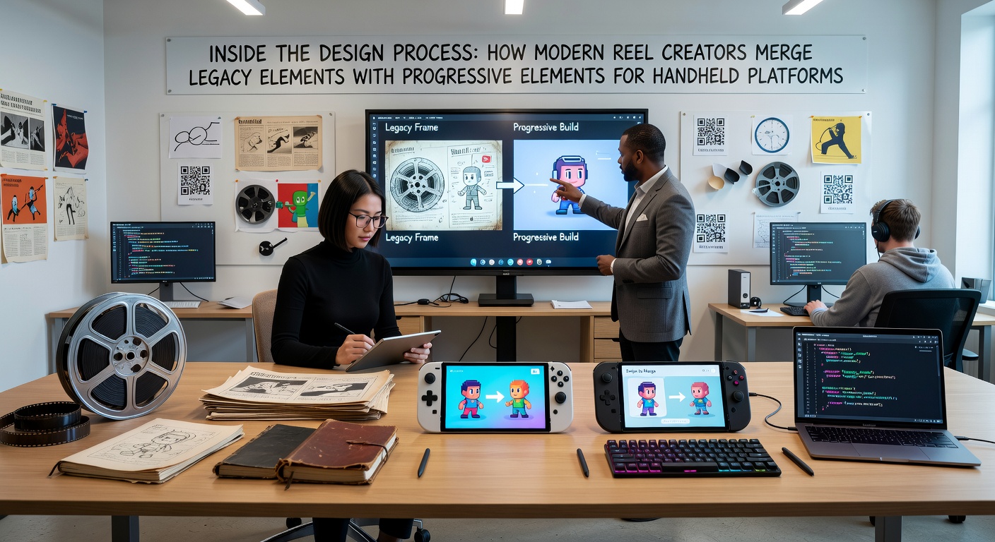 Design team reviewing classic reel layouts alongside modern mobile progressive features on handheld screens