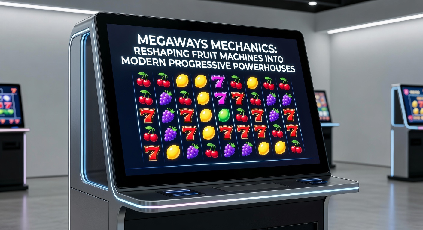 Close-up of progressive jackpot meter on a Megaways fruit machine, ticking upward amid flashing lights and cascading fruit symbols