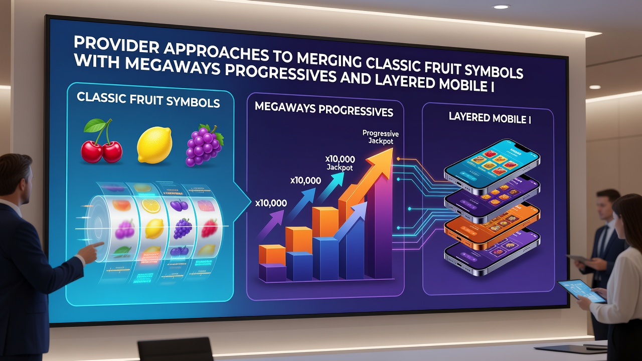 Mobile app screenshot displaying layered bonus progress bars connected to fruit symbols and progressive meter