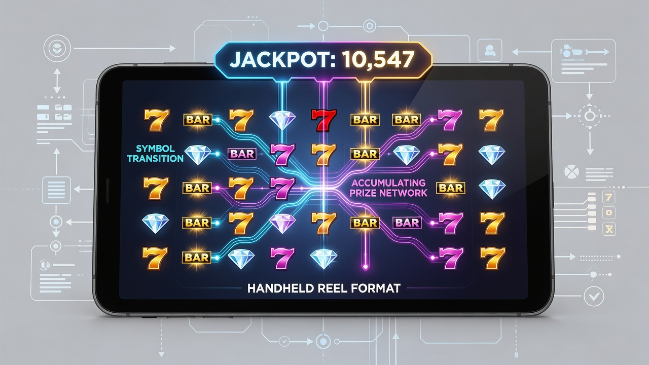 Diagram showing layered symbol changes linking vintage icons to progressive prize networks on handheld devices