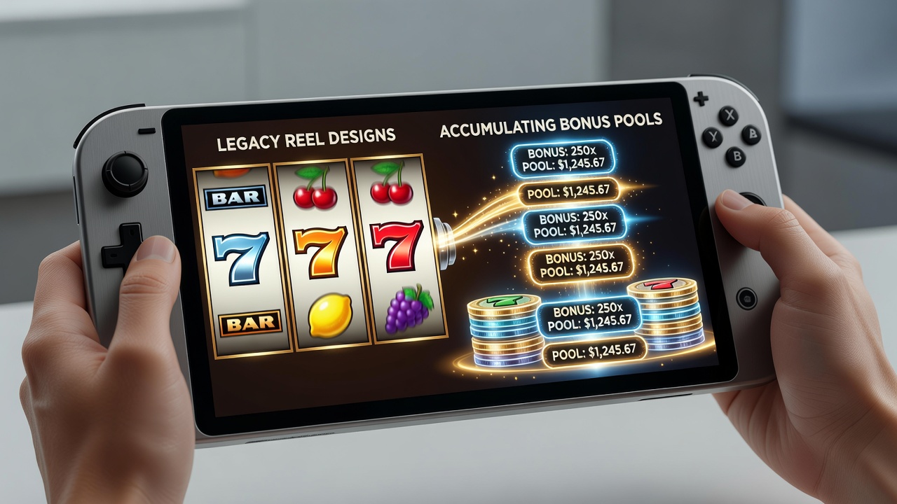 Mobile device displaying interconnected bonus pool meters alongside classic reel symbols